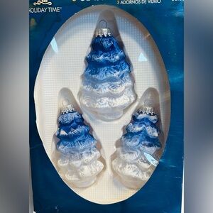 Ornament Boxed Set Of 3 Glittery Glass Blue White Christmas Tree Germany